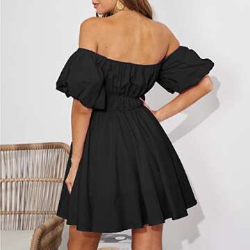Off The Shoulder Babydoll Dress for Women Mini Square Neck Short Puffy Sleeve Dresses Summer Casual ...