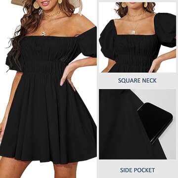 Off The Shoulder Babydoll Dress for Women Mini Square Neck Short Puffy Sleeve Dresses Summer Casual Party Aline Dress（Black,S