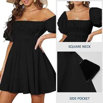 Off The Shoulder Babydoll Dress for Women Mini Square Neck Short Puffy Sleeve Dresses Summer Casual Party Aline Dress（Black,S