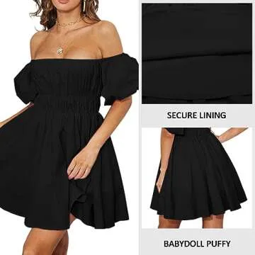 Off The Shoulder Babydoll Dress for Women Mini Square Neck Short Puffy Sleeve Dresses Summer Casual Party Aline Dress（Black,S