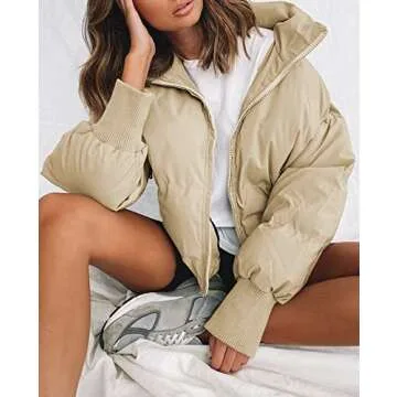 KYL Women's Winter Puffer Jacket Oversized Zip-Up Quilted Puffy Bubble Short Down Coat Apricot Small