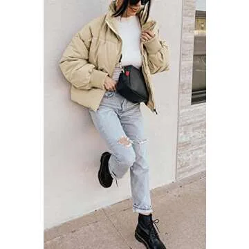 KYL Women's Winter Puffer Jacket Oversized Zip-Up Quilted Puffy Bubble Short Down Coat Apricot Small
