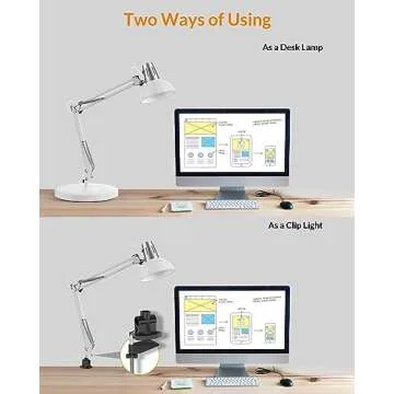 LEPOWER Metal Desk Lamp, Adjustable Goose Neck Architect Table Lamp with On/Off Switch, Swing Arm Desk Lamp with Clamp, Eye-Caring Reading Lamp for Bedroom, Study Room &Office (White)