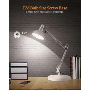 LEPOWER Metal Desk Lamp, Adjustable Goose Neck Architect Table Lamp with On/Off Switch, Swing Arm Desk Lamp with Clamp, Eye-Caring Reading Lamp for Bedroom, Study Room &Office (White)