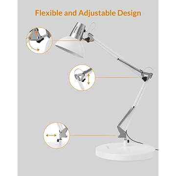 LEPOWER Metal Desk Lamp, Adjustable Goose Neck Architect Table Lamp with On/Off Switch, Swing Arm Desk Lamp with Clamp, Eye-Caring Reading Lamp for Bedroom, Study Room &Office (White)