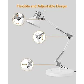 LEPOWER Metal Desk Lamp, Adjustable Goose Neck Architect Table Lamp with On/Off Switch, Swing Arm Desk Lamp with Clamp, Eye-Caring Reading Lamp for Bedroom, Study Room &Office (White)