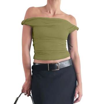 Tankaneo Womens Off The Shoulder Top Sleeveless Slim Fit Stretchy Tank Top Y2k Casual T Shirts Army ...