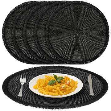 AHHFSMEI Round Braided Placemats 13.8 Inch Round Table Mats for Dining Tables Woven Heat Resistant Place mats Set of 6 (Black Tassels)