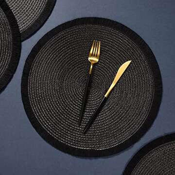 AHHFSMEI Round Braided Placemats 13.8 Inch Round Table Mats for Dining Tables Woven Heat Resistant Place mats Set of 6 (Black Tassels)