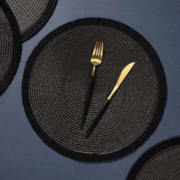 AHHFSMEI Round Braided Placemats 13.8 Inch Round Table Mats for Dining Tables Woven Heat Resistant Place mats Set of 6 (Black Tassels)