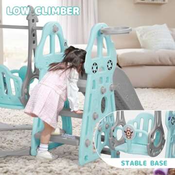 Rengue 4 in 1 Toddler Slide and Swing Set, Indoor Playground for Age 1-6 Kids Baby with Basketball Hoop, Climber Outdoor Slide Toddlers Playset for Boys and Girls Backyard Playground, Mint Green