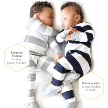 Burt's Bees Baby Baby Boys' Sleeper PJs, 100% Organic Cotton, Soft One-Piece Footie, Diagonal Zip Up Jumpsuit, Snug Fit Pajamas with Snap Tab, Midnight Rugby Stripe, 12 Months