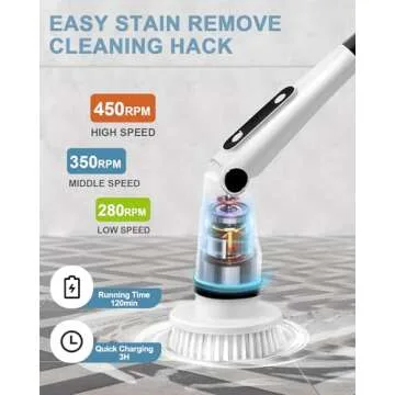 Electric Spin Scrubber, Bathroom Shower Scrubber for Cleaning Tub/Tile/Floor/Sink/Window, Powered Cleaning Brush Cordless with Telescopic Rod, 8 Scrub Brushes, 450RPM Max - X03 Black