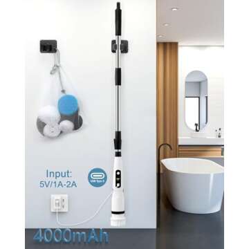 Electric Spin Scrubber, Bathroom Shower Scrubber for Cleaning Tub/Tile/Floor/Sink/Window, Powered Cleaning Brush Cordless with Telescopic Rod, 8 Scrub Brushes, 450RPM Max - X03 Black