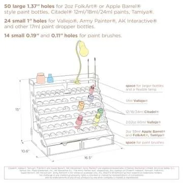 Plydolex Wooden Paint Organizer for 74 Paint Bottles and 14 Brushes - Paint Organizer with 2 Art Tool Cabinets and 6 Miniature Holders - Paint Holder