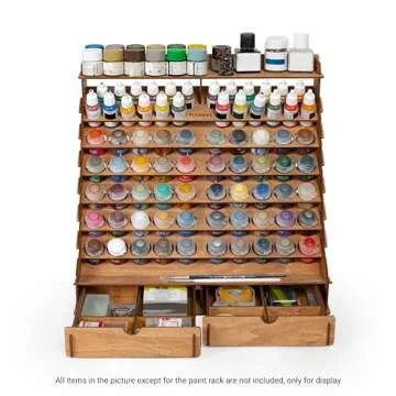 Plydolex Wooden Paint Organizer for 74 Paint Bottles and 14 Brushes - Paint Organizer with 2 Art Tool Cabinets and 6 Miniature Holders - Paint Holder