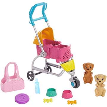 Barbie Dogwalking Doll & Accessories, Stroll & Play Pups Playset with Transforming Stroller, 2 Pets ...