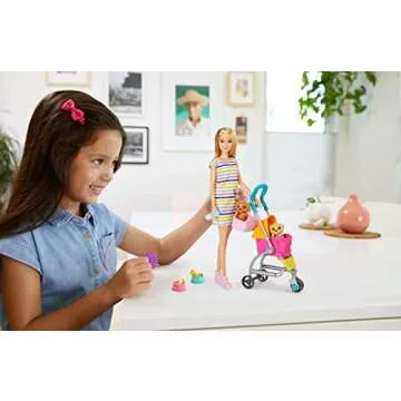 Barbie Dogwalking Doll & Accessories, Stroll & Play Pups Playset with Transforming Stroller, 2 Pets & Handbag, Blonde Doll