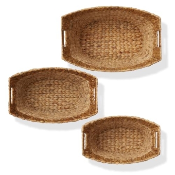 Casafield Set of 3 Stackable Oval Laundry Baskets with Handles - Natural, Woven Water Hyacinth Storage Totes for Throw Blankets, Bathroom, Bedroom, Living Room