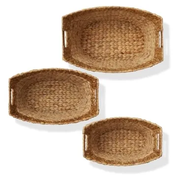 Casafield Set of 3 Stackable Oval Laundry Baskets with Handles - Natural, Woven Water Hyacinth Storage Totes for Throw Blankets, Bathroom, Bedroom, Living Room