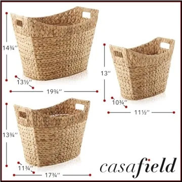Casafield Set of 3 Stackable Oval Laundry Baskets with Handles - Natural, Woven Water Hyacinth Storage Totes for Throw Blankets, Bathroom, Bedroom, Living Room