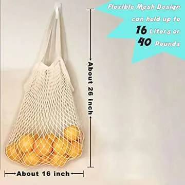 BUONVEZZO 5 Pack Reusable Grocery Bags - 100% Cotton Mesh Produce Bags with Long Handle, Washable Kitchen String Shopping Netted Tote Bag for Fruits and Vegetables