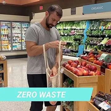 BUONVEZZO 5 Pack Reusable Grocery Bags - 100% Cotton Mesh Produce Bags with Long Handle, Washable Kitchen String Shopping Netted Tote Bag for Fruits and Vegetables