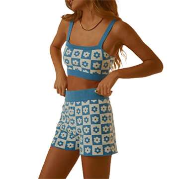 SOLILOQUY Women Two Piece Knitted Bodycon Outfits Sleeveless Solid Color/Tie Dye Crop Top+ Short Pants Sets Tracksuit Sweatsuit Romper(Blue Floral, S)