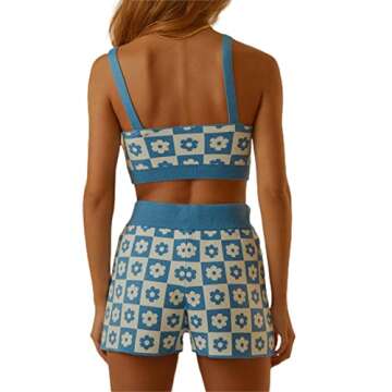 SOLILOQUY Women Two Piece Knitted Bodycon Outfits Sleeveless Solid Color/Tie Dye Crop Top+ Short Pants Sets Tracksuit Sweatsuit Romper(Blue Floral, S)