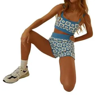 SOLILOQUY Women Two Piece Knitted Bodycon Outfits Sleeveless Solid Color/Tie Dye Crop Top+ Short Pants Sets Tracksuit Sweatsuit Romper(Blue Floral, S)