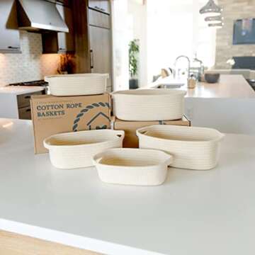 NaturalCozy 5-Piece Rectangle Storage Basket Set- Natural Cotton Rope Woven Baskets for Organizing! ...