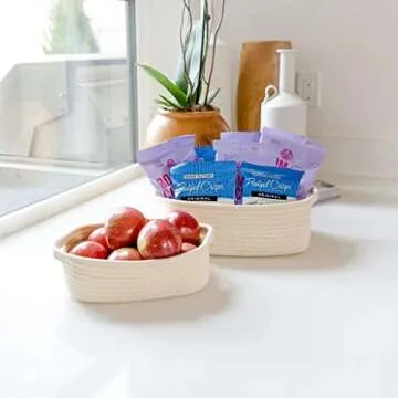 NaturalCozy 5-Piece Rectangle Storage Basket Set- Natural Cotton Rope Woven Baskets for Organizing! Small Basket for Montessori, Baby Nursery, Dog Toy Baskets, Cat Toy Box, Bathroom Organization Bin
