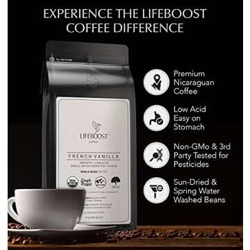 Lifeboost Whole Bean French Vanilla Coffee - Low Acid Single Origin Non-GMO Organic Coffee - Third Party Tested For Mycotoxins & Pesticides - 12 Ounces