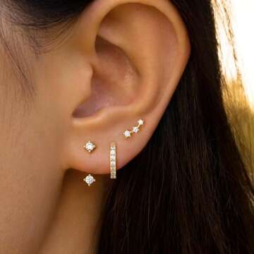 Gold Stud Earrings Set for Women Trendy, Cute Huggie Hoop Jacket Studs Stack for Multiple Piercing, Hypoallergenic Dainty Valentines Day Jewelry Gifts