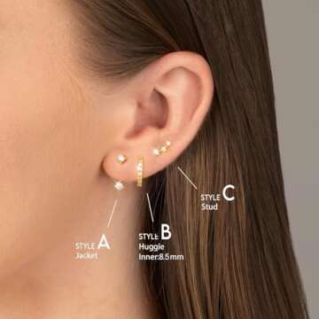 Gold Stud Earrings Set for Women Trendy, Cute Huggie Hoop Jacket Studs Stack for Multiple Piercing, Hypoallergenic Dainty Valentines Day Jewelry Gifts