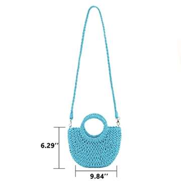 QTKJ Mini Semi-circle Rattan Straw Handbag, Women Summer Retro Straw Tote Shoulder Crossbody Beach B...