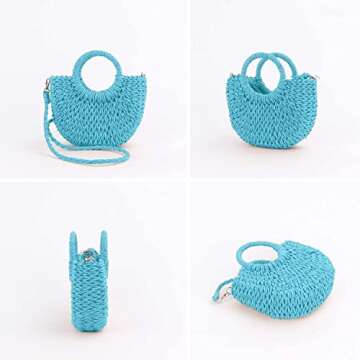 QTKJ Mini Semi-circle Rattan Straw Handbag, Women Summer Retro Straw Tote Shoulder Crossbody Beach Bag (Blue)
