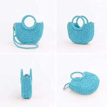 QTKJ Mini Semi-circle Rattan Straw Handbag, Women Summer Retro Straw Tote Shoulder Crossbody Beach Bag (Blue)