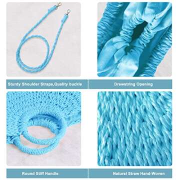 QTKJ Mini Semi-circle Rattan Straw Handbag, Women Summer Retro Straw Tote Shoulder Crossbody Beach Bag (Blue)