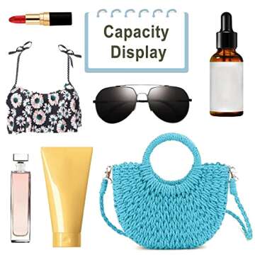 QTKJ Mini Semi-circle Rattan Straw Handbag, Women Summer Retro Straw Tote Shoulder Crossbody Beach Bag (Blue)