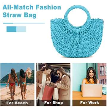 QTKJ Mini Semi-circle Rattan Straw Handbag, Women Summer Retro Straw Tote Shoulder Crossbody Beach Bag (Blue)