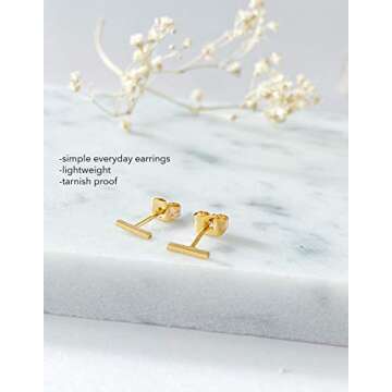 Altitude Boutique 18K Gold Plated Skinny Wire Midi Balance Bar Stud Earrings Hypoallergenic Long Bar Earrings in Gold, Rose Gold, or Silver | Delicate Jewelry (Gold, 6mm)