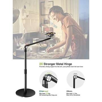 elitehood Heavy Duty Aluminum Overhead Phone Stand, 15 in Long Arm iPhone Holder for Video Recording, 360 Degrees Swivel Tilt Overhead Phone Mount for Filming, Meeting, Cooking, Painting and Crafting