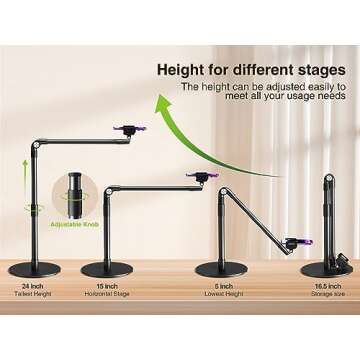 elitehood Heavy Duty Aluminum Overhead Phone Stand, 15 in Long Arm iPhone Holder for Video Recording, 360 Degrees Swivel Tilt Overhead Phone Mount for Filming, Meeting, Cooking, Painting and Crafting