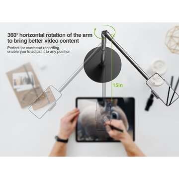 elitehood Heavy Duty Aluminum Overhead Phone Stand, 15 in Long Arm iPhone Holder for Video Recording, 360 Degrees Swivel Tilt Overhead Phone Mount for Filming, Meeting, Cooking, Painting and Crafting