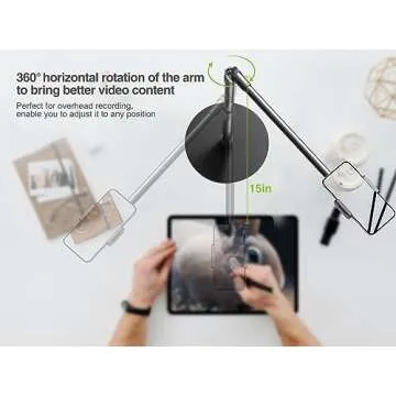 elitehood Heavy Duty Aluminum Overhead Phone Stand, 15 in Long Arm iPhone Holder for Video Recording, 360 Degrees Swivel Tilt Overhead Phone Mount for Filming, Meeting, Cooking, Painting and Crafting