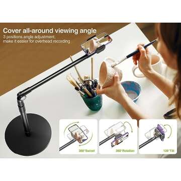 elitehood Heavy Duty Aluminum Overhead Phone Stand, 15 in Long Arm iPhone Holder for Video Recording, 360 Degrees Swivel Tilt Overhead Phone Mount for Filming, Meeting, Cooking, Painting and Crafting