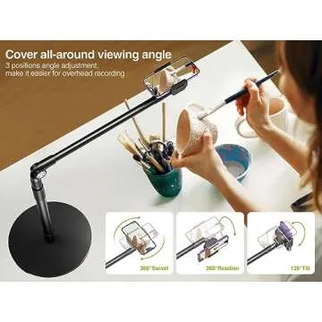 elitehood Heavy Duty Aluminum Overhead Phone Stand, 15 in Long Arm iPhone Holder for Video Recording, 360 Degrees Swivel Tilt Overhead Phone Mount for Filming, Meeting, Cooking, Painting and Crafting