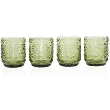 Red Co. Vintage Botanist Drinking Glass Set, Luxurious Floral Embossed Decorative Green Glassware, S...