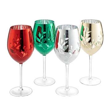Multicolor Winter 4-Piece Tree Wine, Champagne & Water Glasses - Shining Red Green Yellow Silver, Pe...